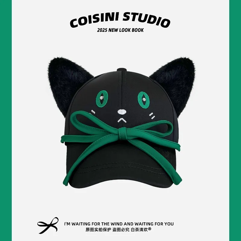 

Creative Plush Cat Ears Baseball Cap Y2K Spring and Autumn Street Personality Versatile Bow Strap Embroidery Hip Hop Hats Women