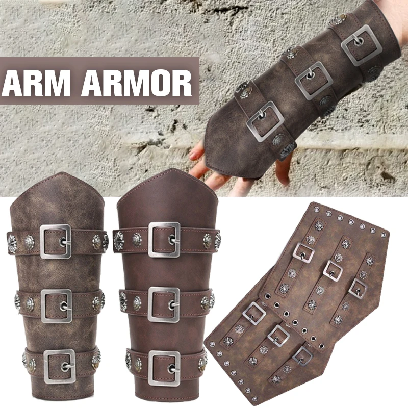 2Pcs Medieval Cosplay PU Leather Armor Arm Warmer Lace-Up Men Viking Pirate Knight Gauntlet Wristband Bracer Steampunk Accessory