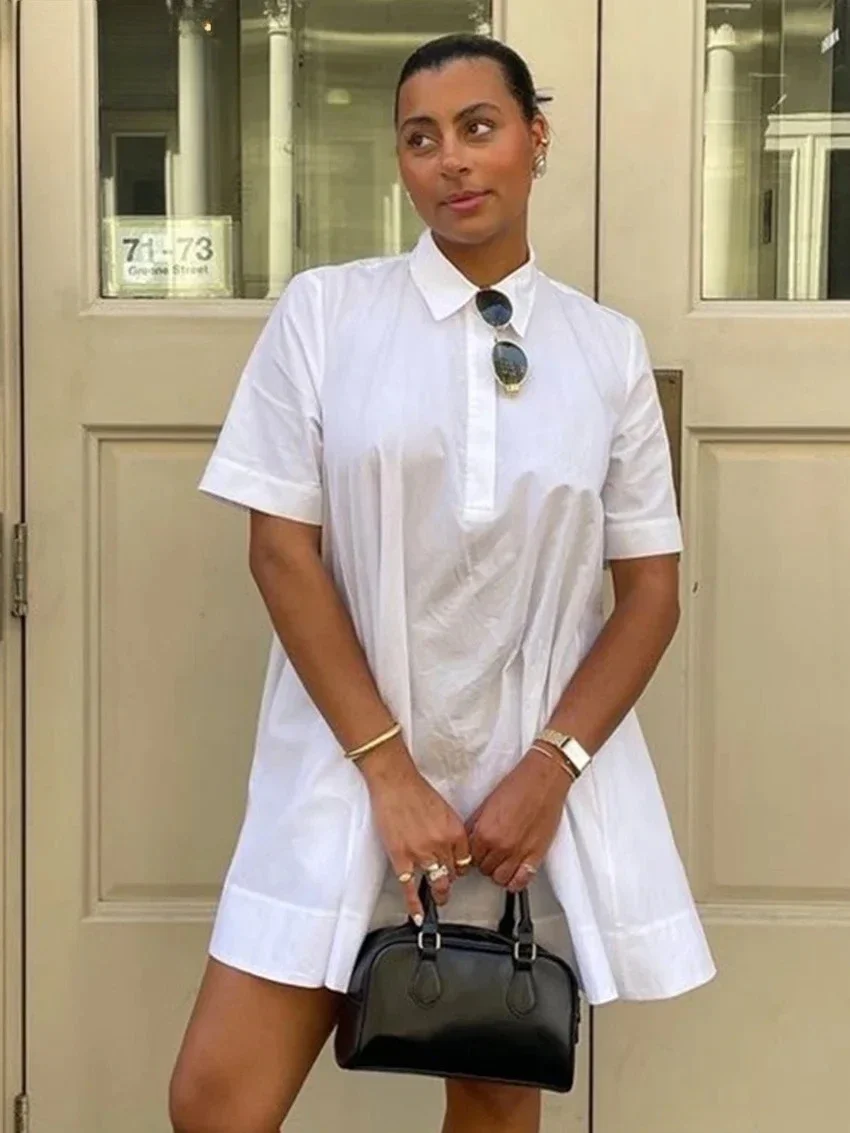 Abito estivo da donna in cotone bianco allentato Mini abiti casual a maniche corte con risvolto Elegante abito femminile classico solido