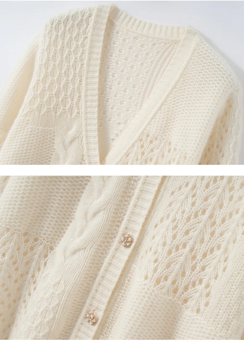 

MEETCC Women's 100% Cashmere V Neck Hollow Out Cardigan Cable Knitwear Spring Autumn Buttoned Premium Delicate Versatile Sweater