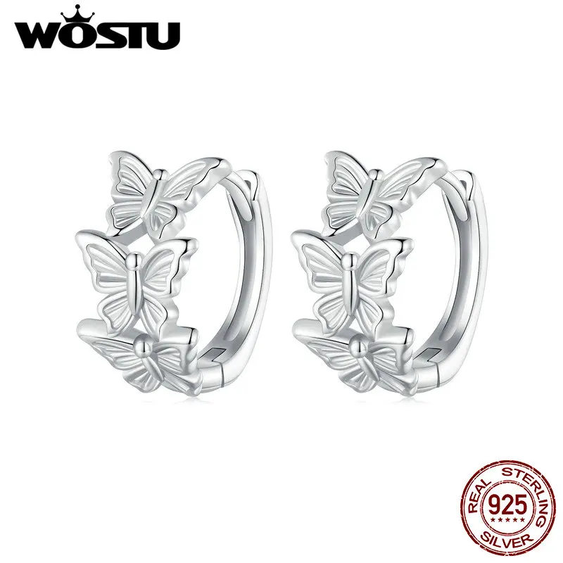 WOSTU 925 Sterling Silver Butterfly Hoops Earrings for Women Animal Series Outfit Fashion Accessories Gift Fine Jewelry 9mm