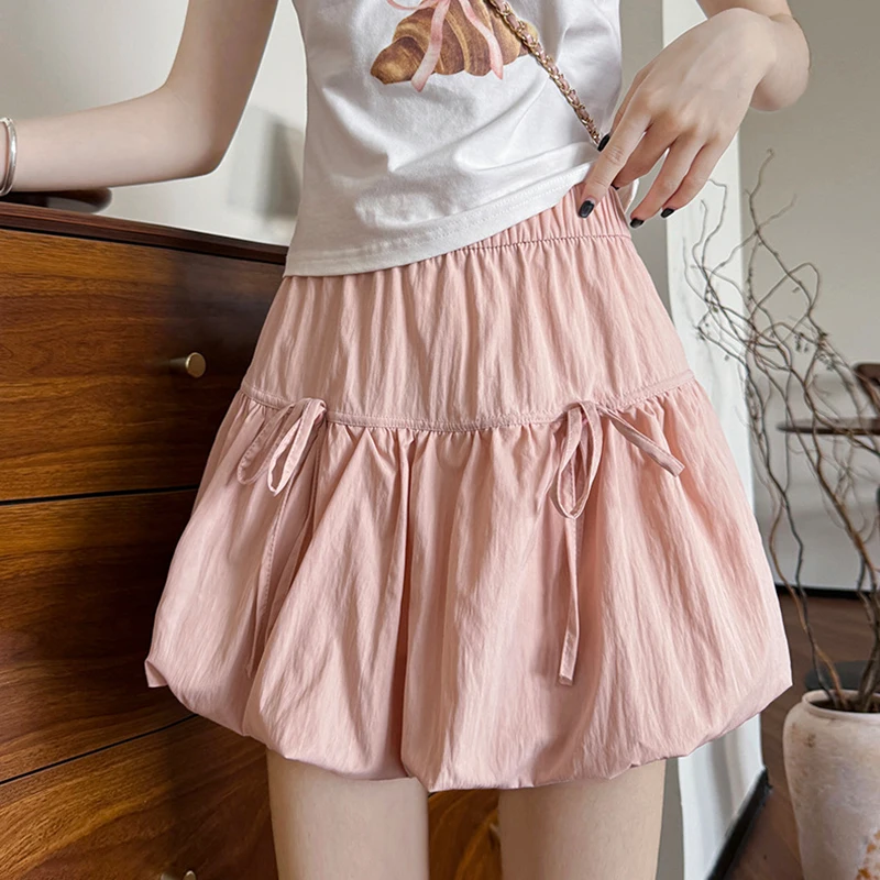 Korean Bowknot Pink A Line Skirts Women 2025 Summer Elastic High Waist Puffy Skirt Woman Sweet Chic Pleated Mini Skirts Female