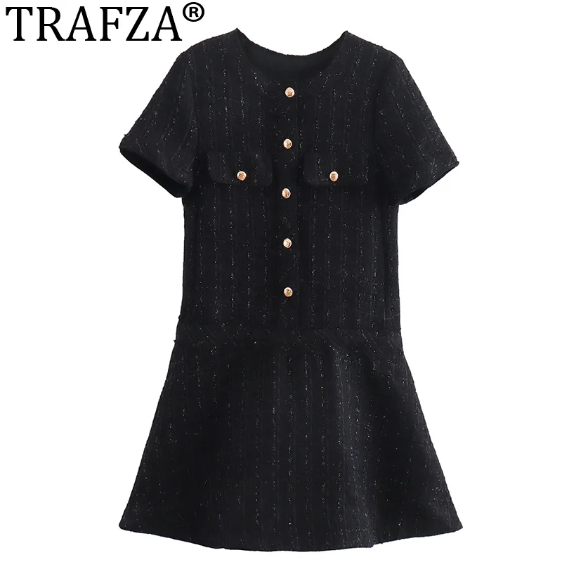 TRAFZA Elegant Ladies Style Spring Beige Texture Mini Dresses Girls Fashion Gold Buttons Short Sleeve Streetwear Style Dress