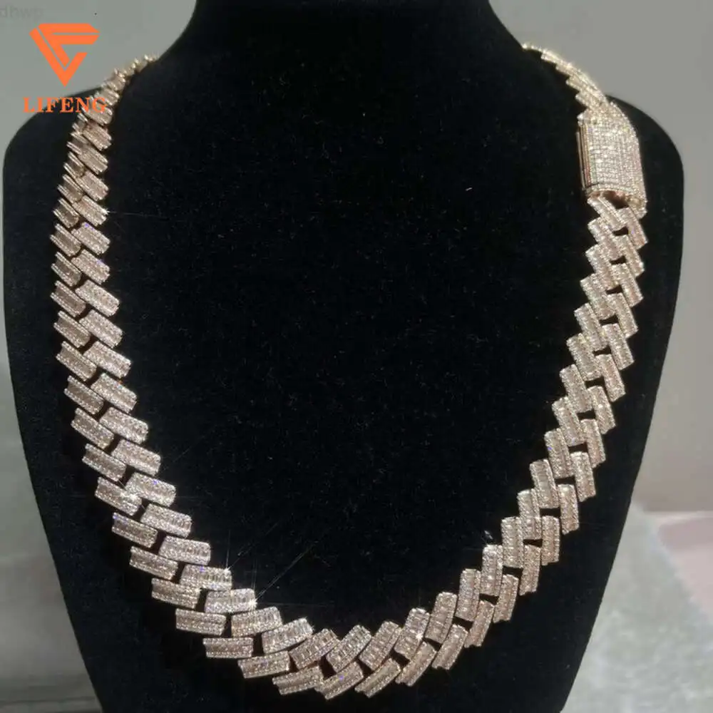 New Design Iced Out Moissanite Diamonds Baguette Hip Hop Cuban Chain High Quality Vvs Moissanite Necklace