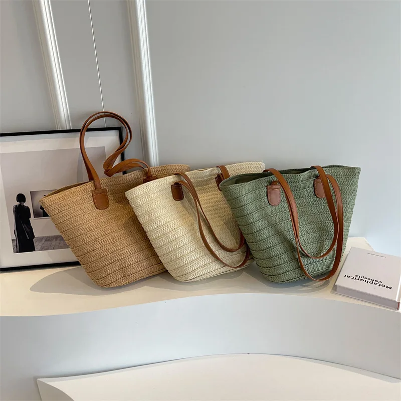 

Women Braided Basket Clutches Top-handle Bag Large Straw Portable Shoulder Bag Summer Beach Party Purses Shopper Satchel Female