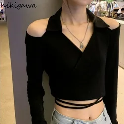 Black Off Shoulder Woman Tshirts Crop Tops Cross Bandage Long Sleeve Tunic Y2k Tops Shirts for Women Casual Chic Korean T Shirt