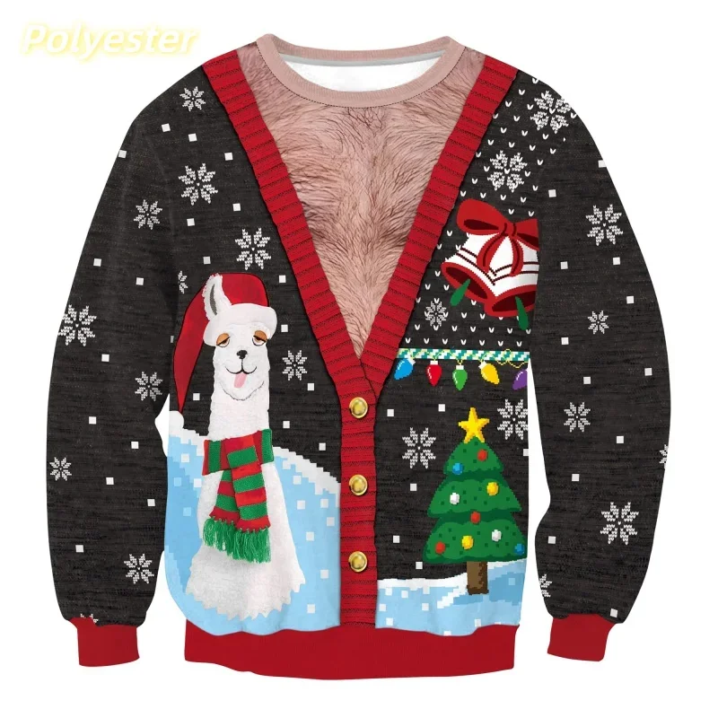 Santa Claus patterned sweatshirts for men and women, Christmas tree pullovers, casual loose hoodies, long-sleeved O-neck tops