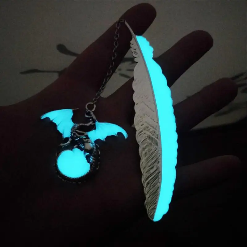 Glow In The Dark Bookmark Luminous Book Marker Creative Feather Dragon Book Page School Office Stationery Boy Girl Gift
