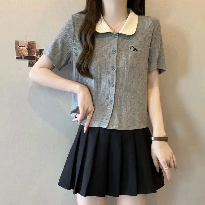 

Contrasting Colors Short Sleeve Pullovers Women's Clothing Preppy Style Lapel Summer Stylish Embroidery Casual Spliced T-shirts