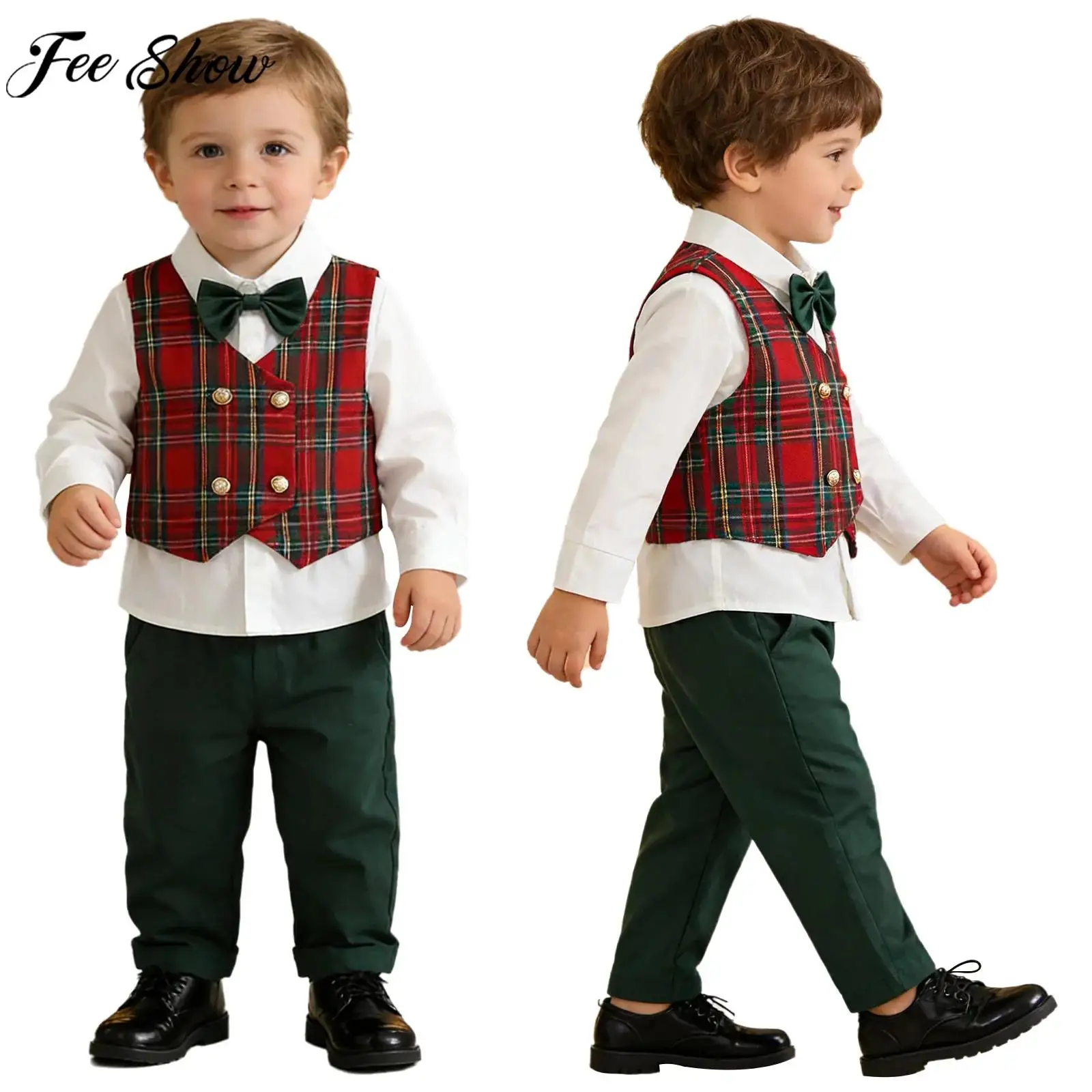 

Торжественный наряд для маленьких мальчиков на свадьбу, день рождения, британский стиль, джентльменский костюм, рубашка с длинными рукавами и галстуком-бабочкой с лацканами и клетчатым жилетом, брюки