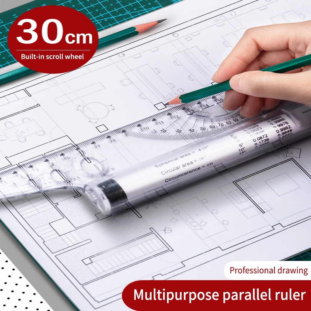 Régua de rolo paralela transparente de 30cm, ferramenta de desenho multifuncional, escala de ângulo de linha, régua de medição arquitetônica