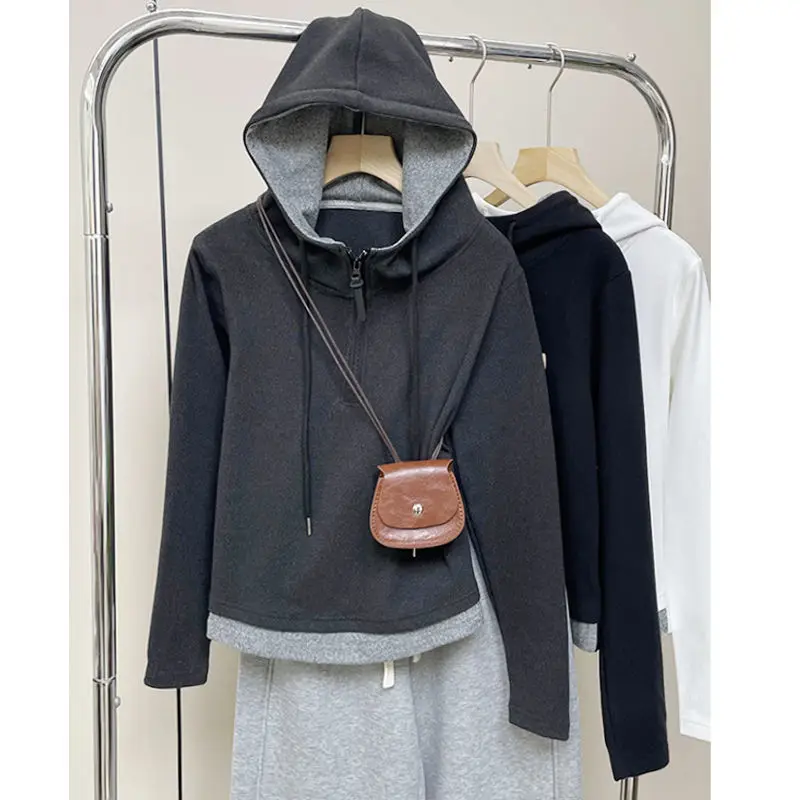 

Поддельная спортивная одежда с двумя капюшонами, женская весенне-осенняя новинка дизайна, пуловер с цветными блоками, топ