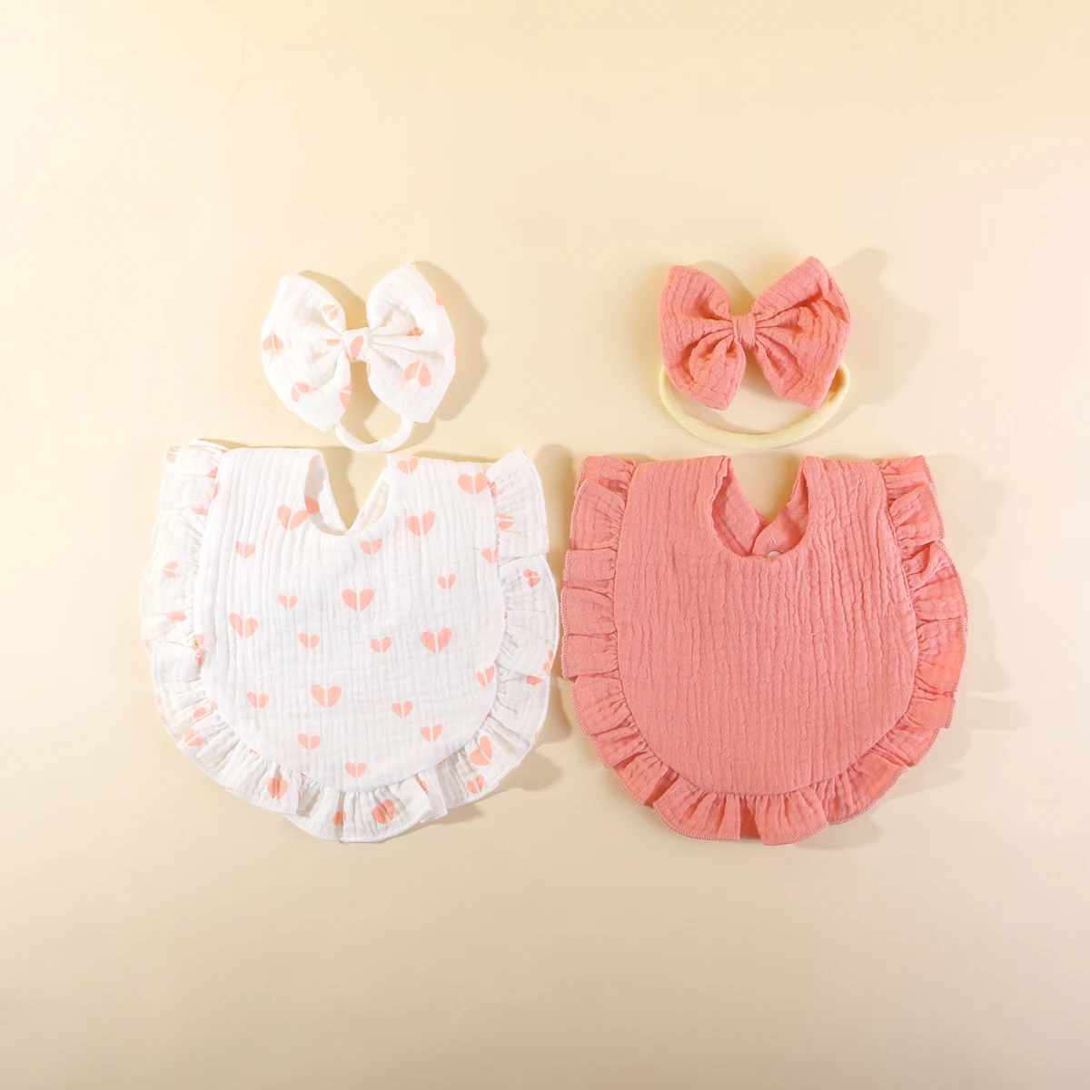 4Pcs Baby Girl Muslin Cotton Feeding Drooling Bibs With Bow Headband Set