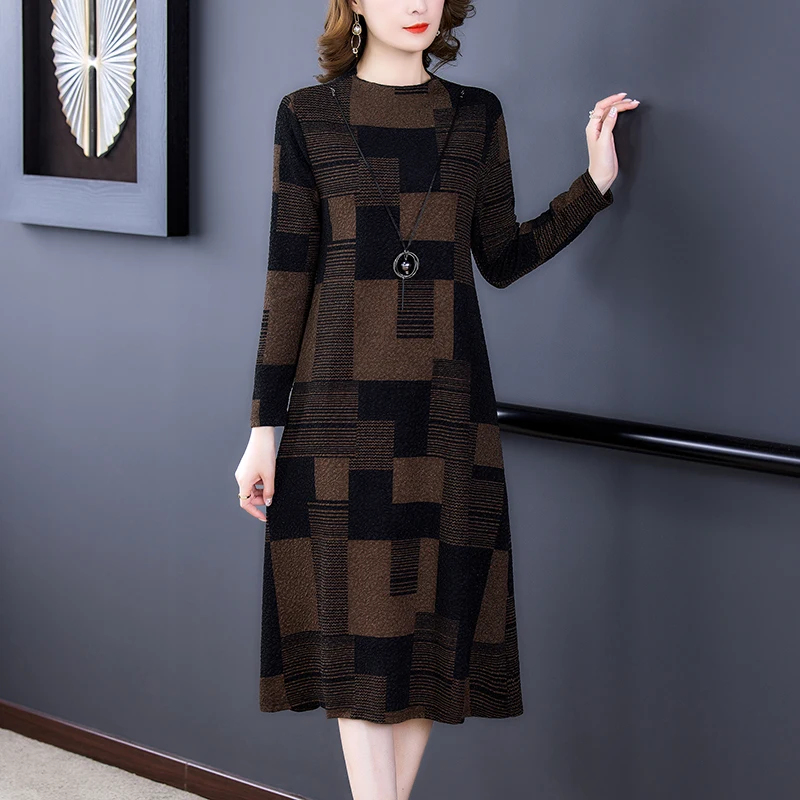 2024 Plaid Knitted Long Sleeve Necklace Dresses Autumn Winter Thick Warm Elegant Loose Midi Dress Women Vintage Casual Vestidos