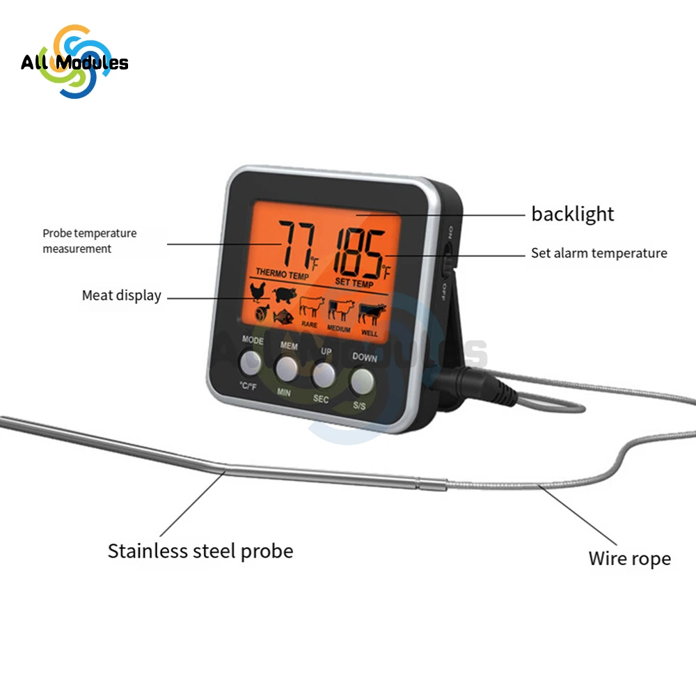 Large LCD Digital Cooking Food Meat Smoker Oven Kitchen BBQ Grill Thermometer Clock Timer with Stainless Steel Probe