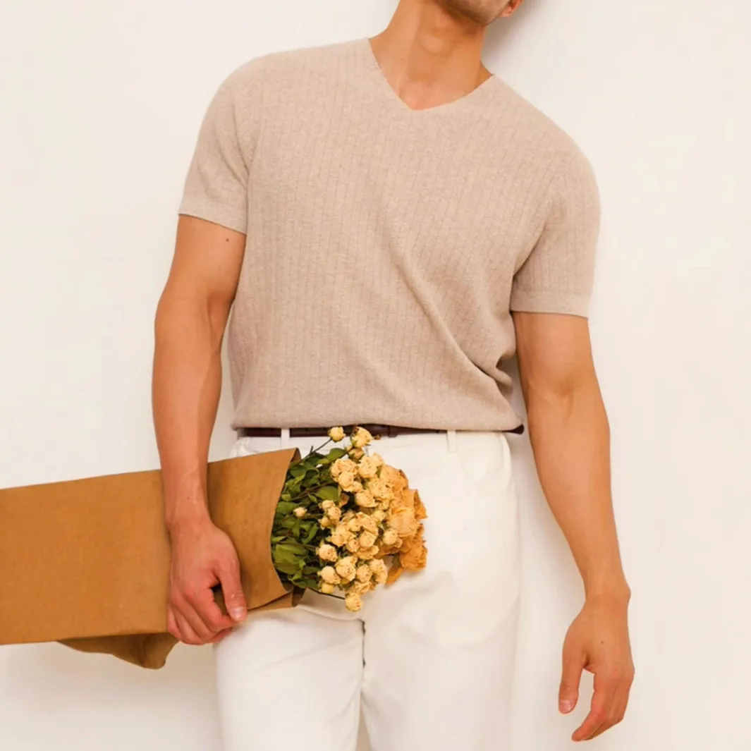 Summer Thin V-neck Short-sleeved Knitted Sweater Men's Slim-fitting Versatile Design Vertical Pattern Short-sleeved T-shirt