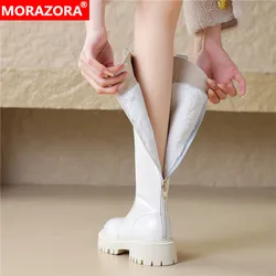 MORAZORA Size 34-43 New Genuine Leather Boots Women Round Toe Knee High Boots Thick Fur Warm Winter Long Boots Knight Shoes