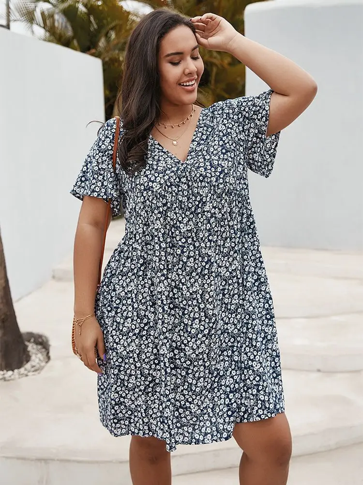 여름 코튼 뉴 플러스 사이즈 캐주얼 드레스 패션 숙녀 섹시한 v 넥 꽃 짧은 소매 드레스