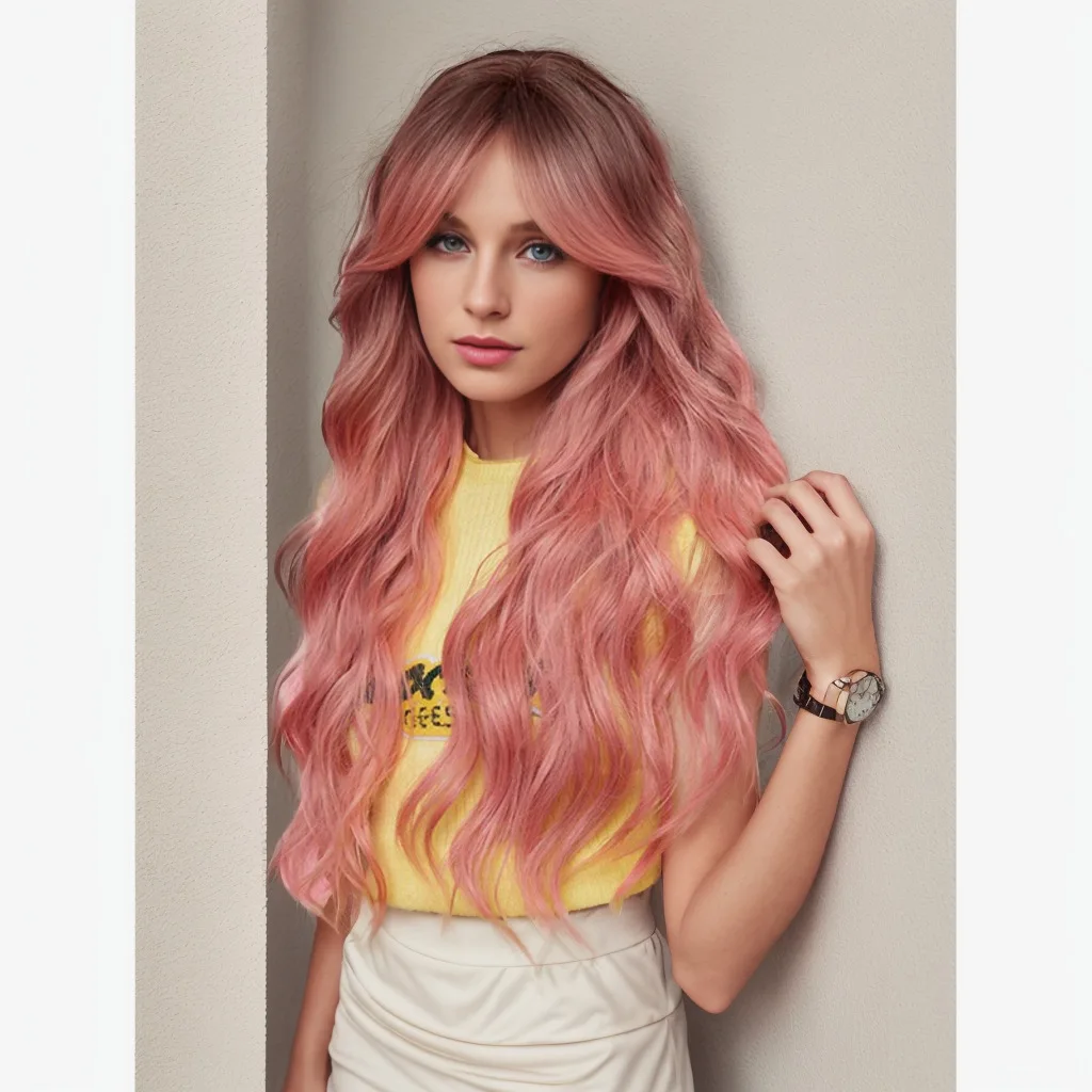 

European and American wig pink eight-character bangs long wave wig two-dimensional animation cosplay Wig