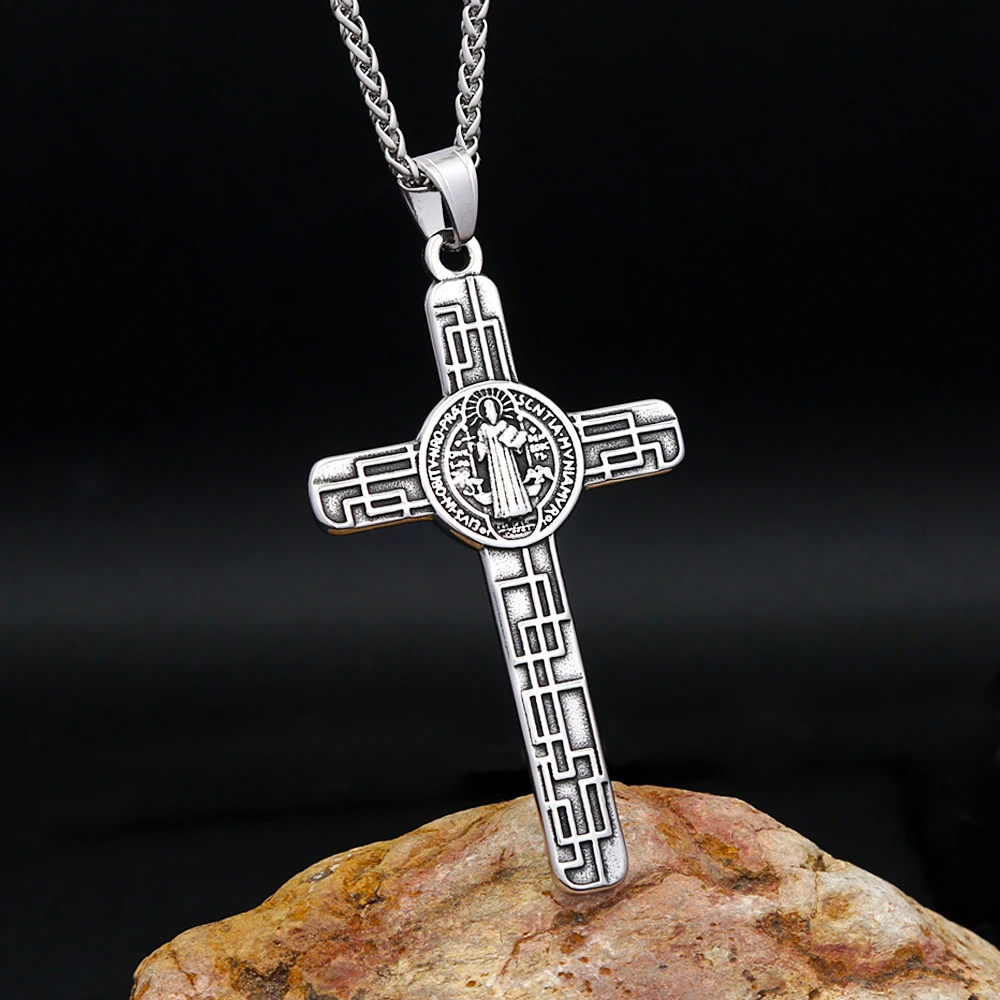 Punk Large Size Saint Benedict Stainless Steel Necklace Vintage Catholic Cross Pendant For Men Animal Jewelry Gift Dropshipping