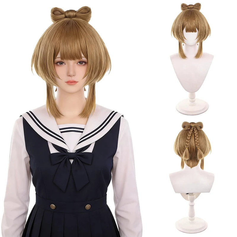 

Short Brown Cute Anime Cosplay Wig with Bow Bun Lolita Princess Cut Wig Heat Resistant Synthetic Wig for Yaoyao Costume Party