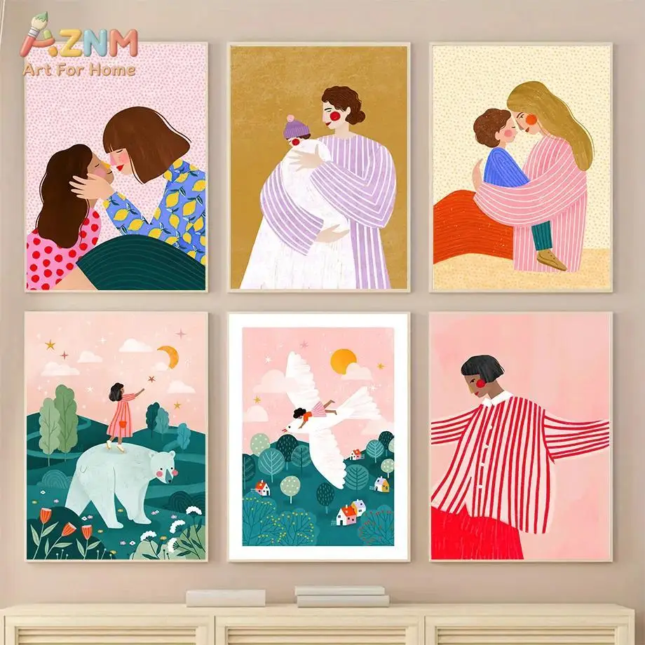AZNM - Arte de pared en lienzo sin marco, bonito estampado de dibujos animados de madre e hija abrazándose, paisaje de ensueño con figura de mujer, paloma y oso polar en colores pastel