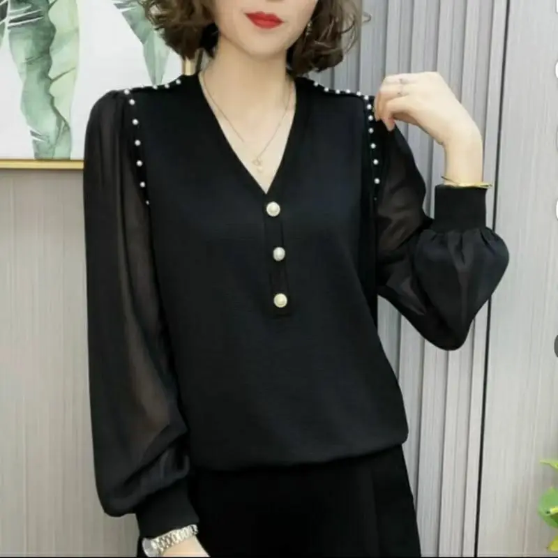 Elegant V-Neck Spliced Gauze Beading Blouse Women's Clothing 2023 Autumn New Oversized Casual Pullovers Office Lady Shirt