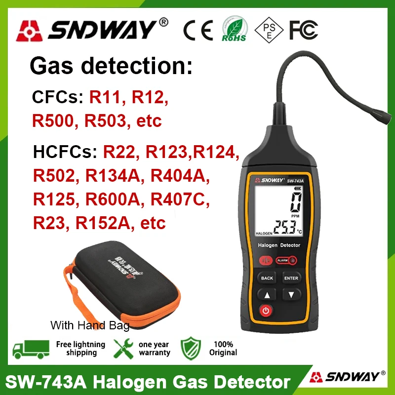 SNDWAY SW-743A Halogen Leak Detector Refrigerant Gas Car Air Conditioner Refrigerator Freon CFCs HCFCs Halon Detector Meter