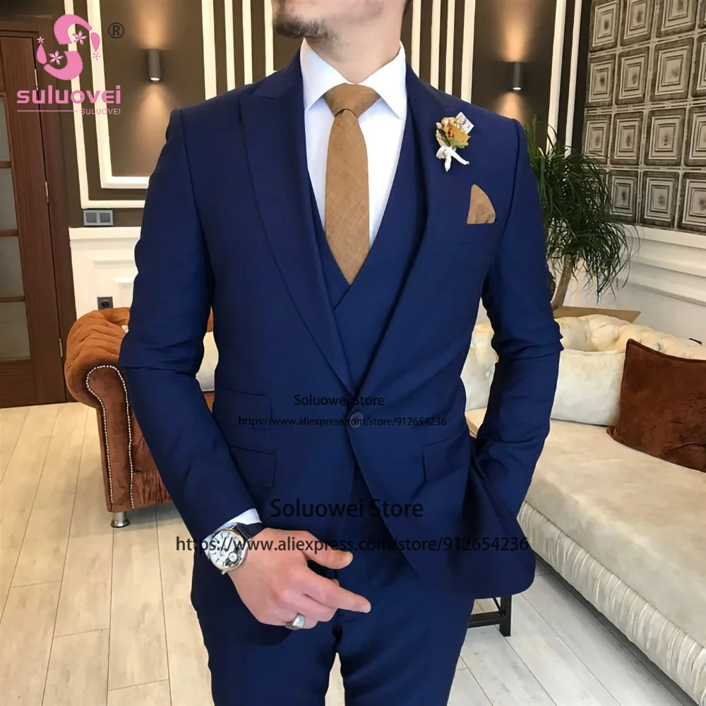 Fashion Groom Wedding One Button Tuxedo Slim Fit 3 Piece Jacket Vest Pants Set Business Blazer Formal Peaked Lapel Suits For Men