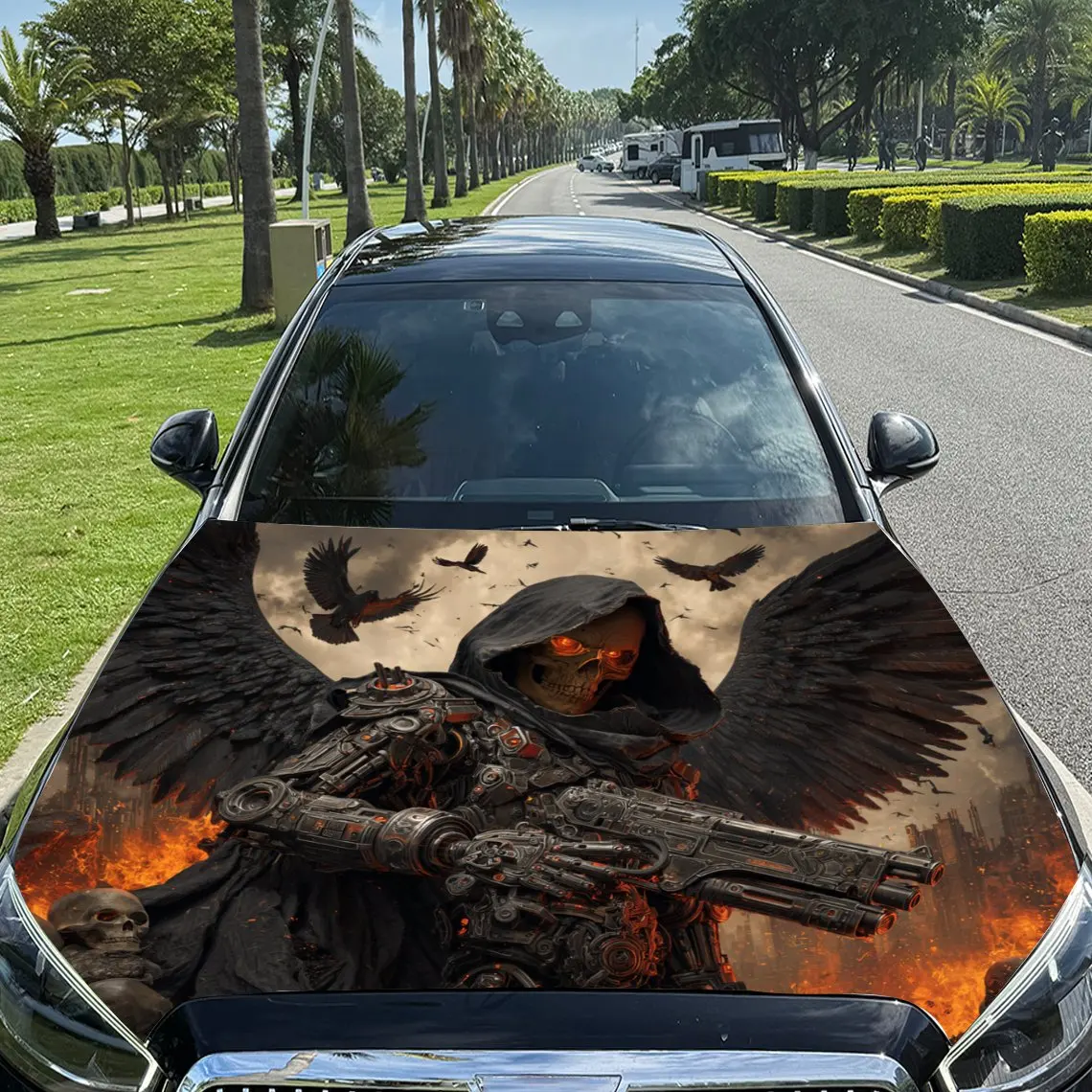 

Blazing Skull Demon Print car hood stickers, waterproof self-adhesive, scratch resistant, easy to stick, durable car P