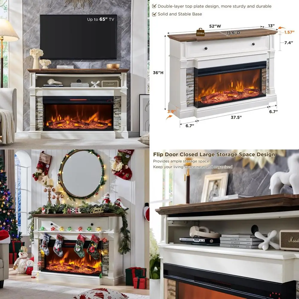 

Three-Sided Glass TV Stand for 65-Inch TVs, 52-Inch Electric Fireplace with Mantel, 36-Inch Tall Highboy Farmhouse Style