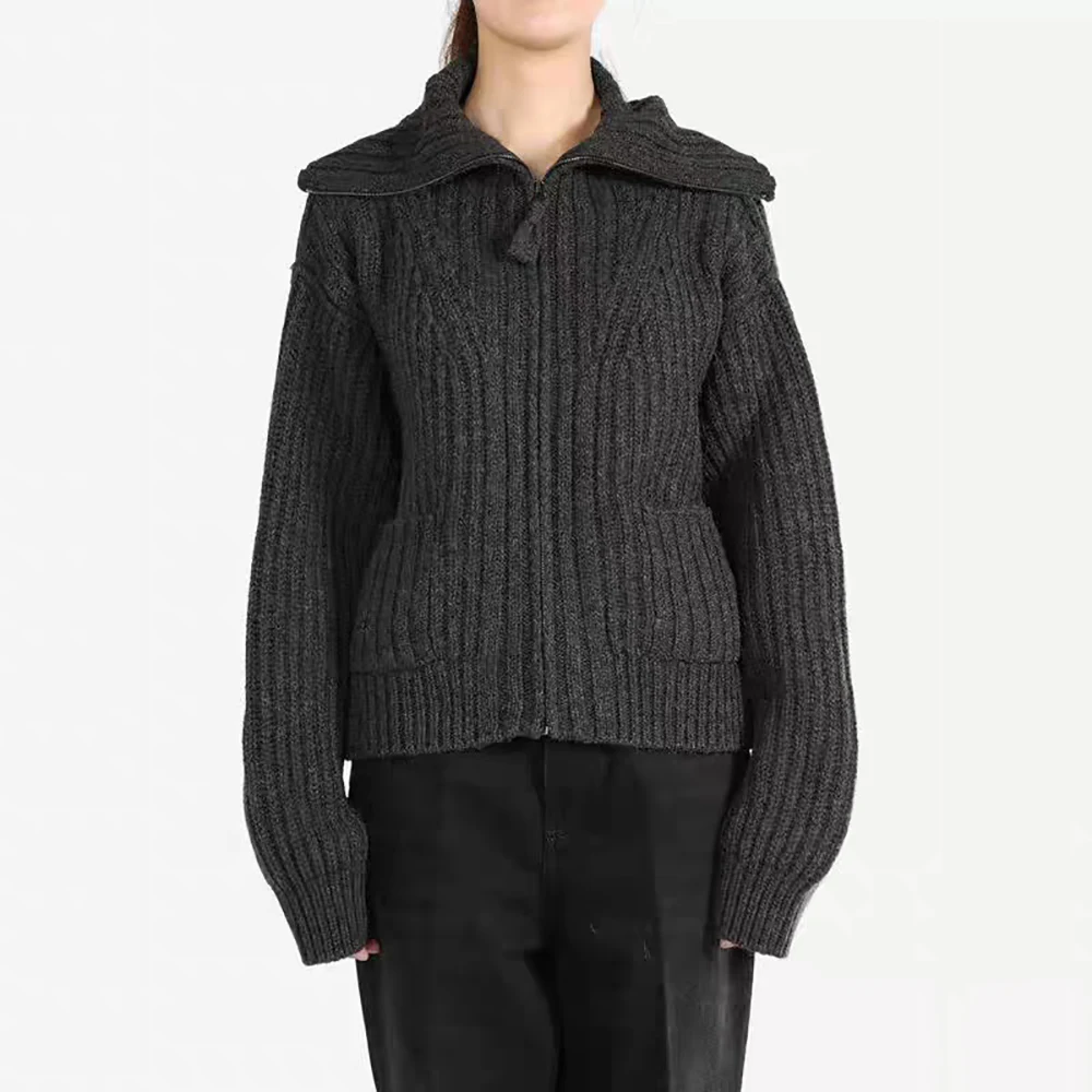 High Quality Wool Blend Women Cardigan Y2k Elegant Commuter Threaded Knit High Neck Zip Knit Top Jacket 2024 Autumn Winter New