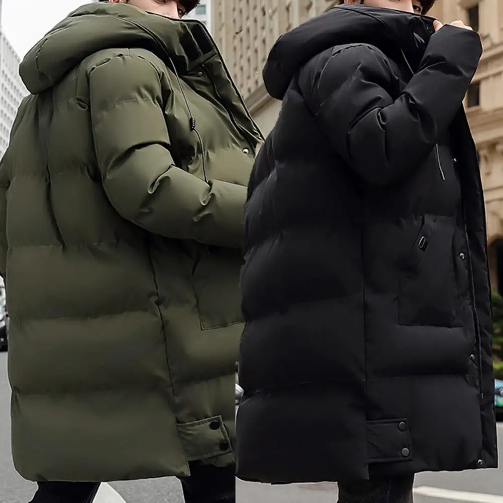 Manteau bouffant en coton à capuche pour homme, veste mi-longue, manches longues, cordon de serrage de proximité, monochrome, épaissi, document, décontracté