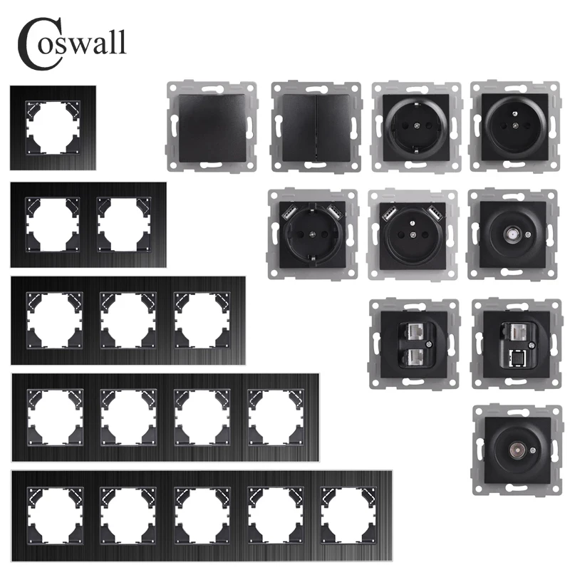 COSWALL HA Series Aluminum Panel  Wall Rocker Switch EU Socket USB Charging CAT6 Internet Satellite TV Module DIY Black