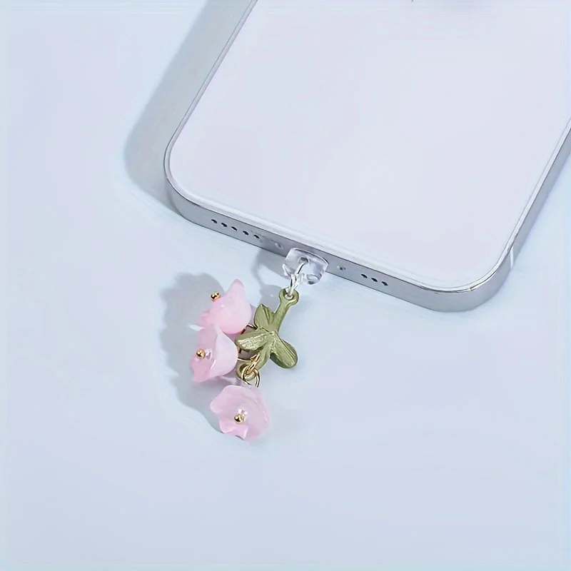 

Type-C Interface Cute Pink Lily Of The Valley Phone Charm Flower Green Leaf Dust Plug Accessories