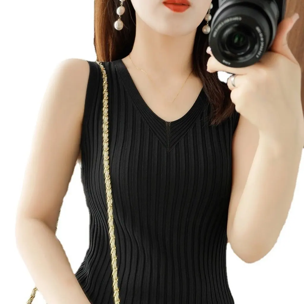 

Women's Ice Silk V-neck Sleeveless Vest Slimming Trendy T-Shirt All-match Summer Outerwear Innerwear