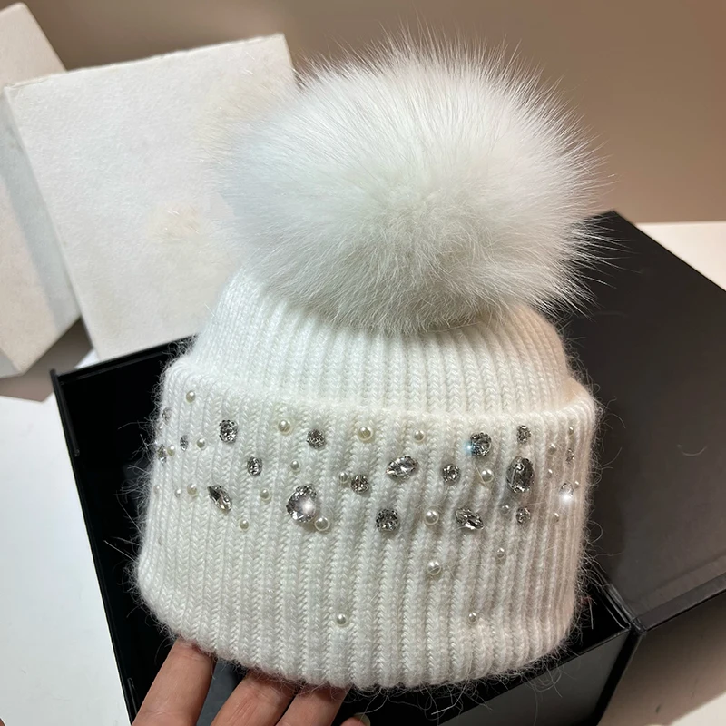 

Hat Angora Rhinestone Women Winter Knit Beanie Pompom Of Real Fox Fur Autumn Warm Skiing Accessory For Sports Outdoors