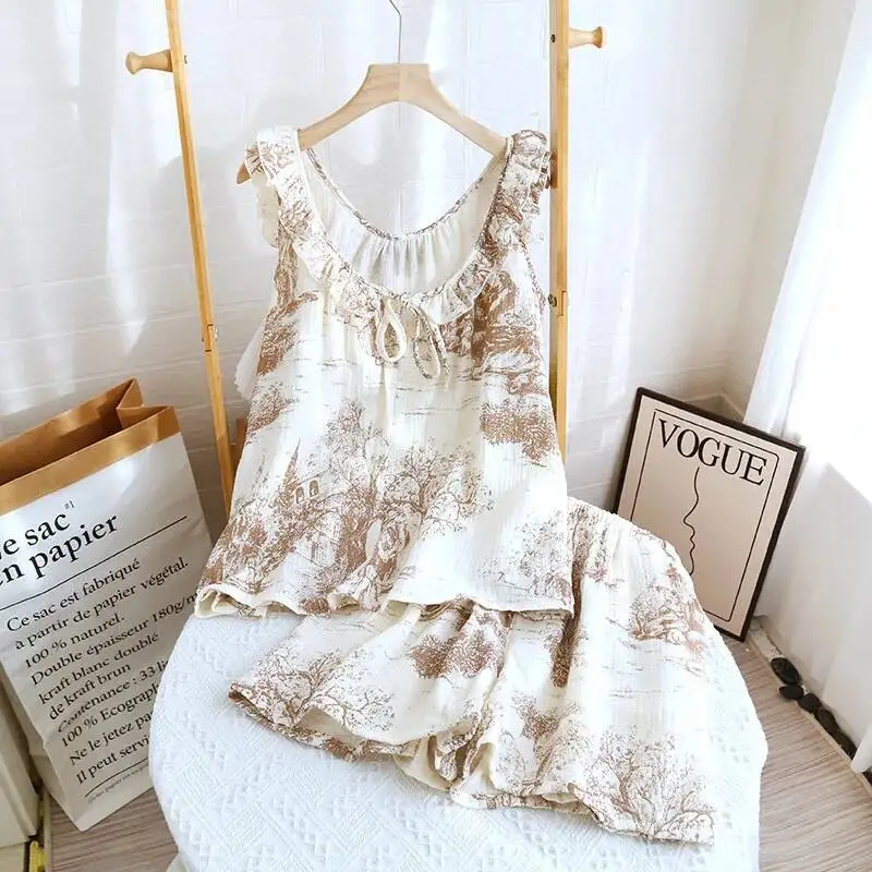 

Весенне-летняя одежда для дома, хлопковые корейские модные топы без рукавов с цветочным принтом и шорты, дышащий свободный пижамный комплект