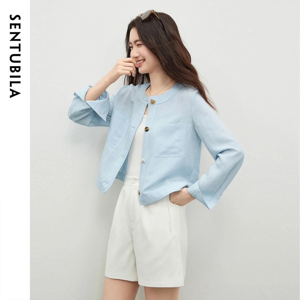 SENTUBILA Women Blue Short Jacket 2026 Spring Autumn Linen Blend Long Sleeve Button Up Casual Outerwear Ladies Clothes 161WB6282