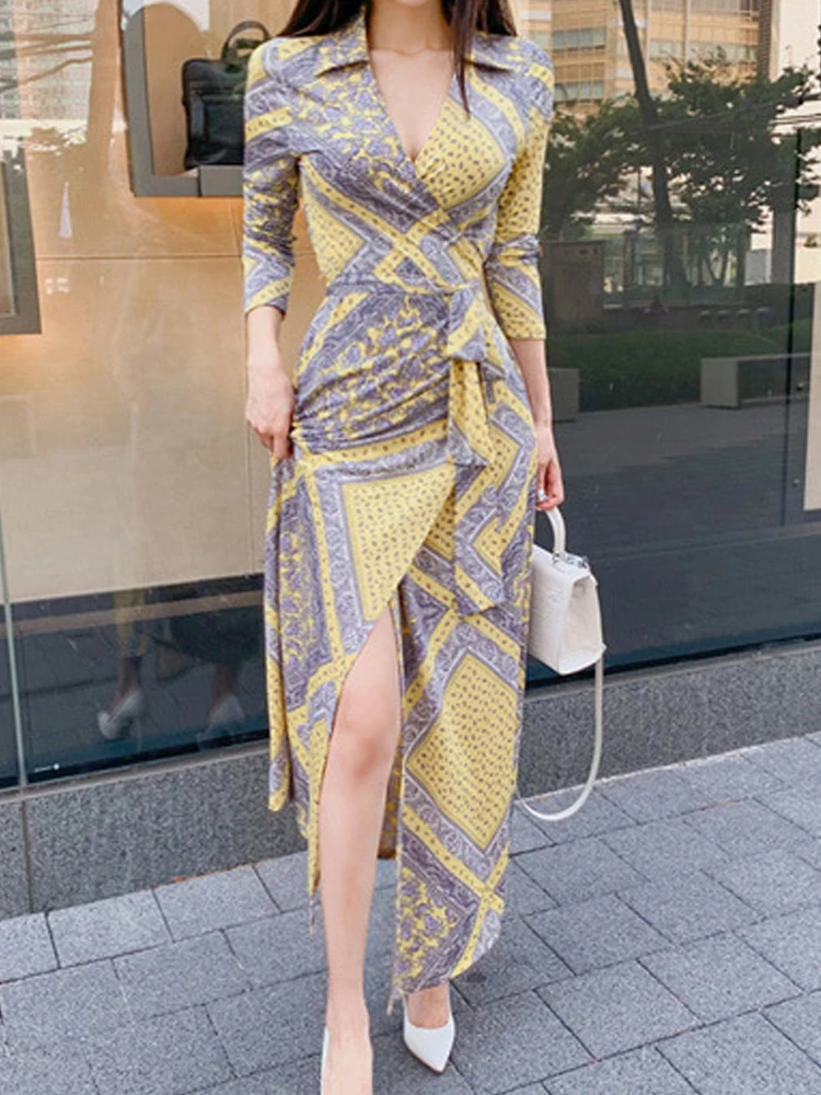 Moda elegante feminina maxi vestido vintage casual sexy com decote em v impressão envoltório festa praia magro vestido de verão senhora robe femme mujer vestidos