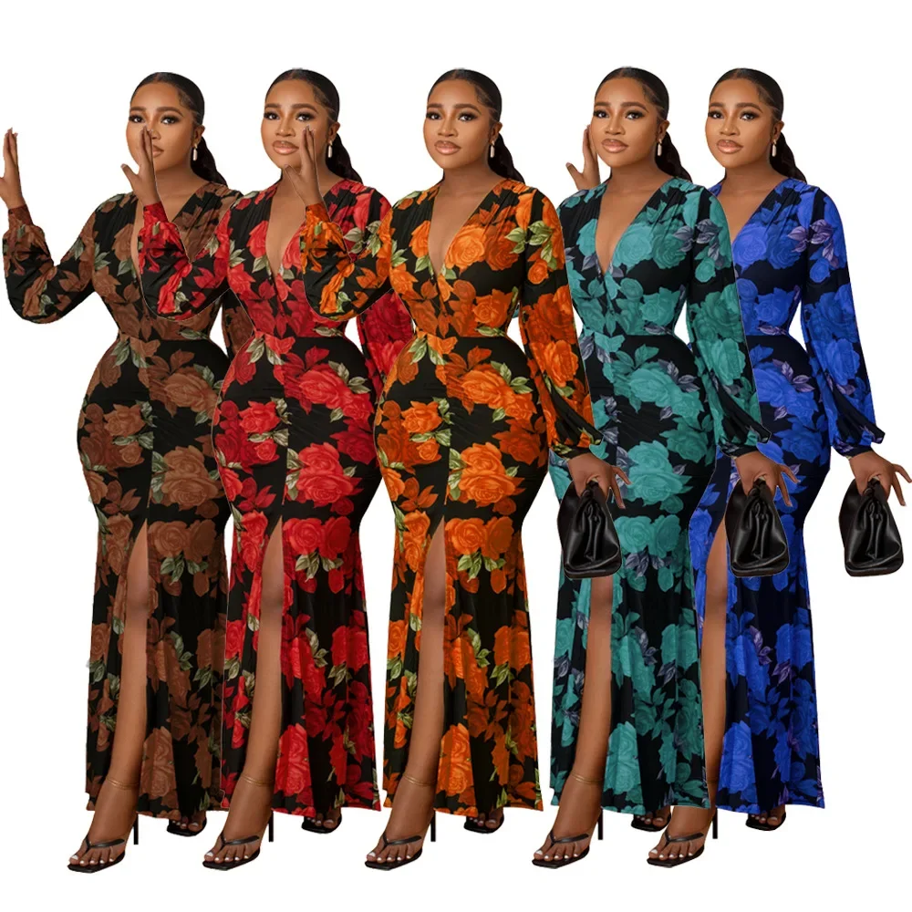 Long African Dress Women Costumes Sexy High Waist V Neck Split Vestidos Flower Print Elegant Streetwear Party Maxi Performance