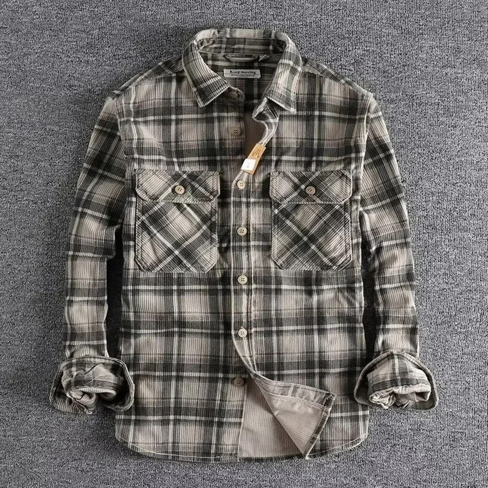 Mens Spring Autumn Vintage Style Long Sleeve Plaid Washed Corduroy Shirt Comfortable All-Match Coat Artistic Trendy Male Shirt