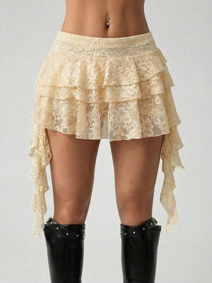 

Low Waist Lace Ruffle Hem Mini Skirt With Safety Shorts Casual Vacation Style
