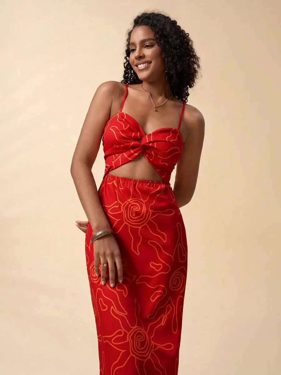 

Red Sun Print Twist Front Crop Top & Maxi Skirt Set, Spaghetti Strap, Cutout Waist
