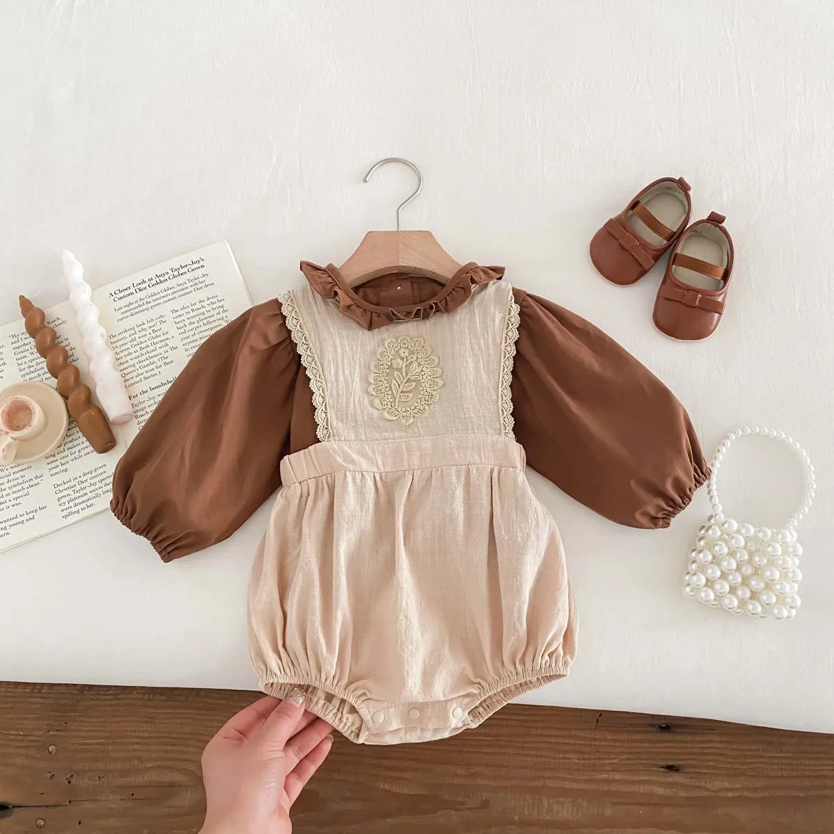 Baby Girl Suit French Ruffle Edge Shirt+ Embroidered Lace Overall Romper Baby Clothes 0-24Months