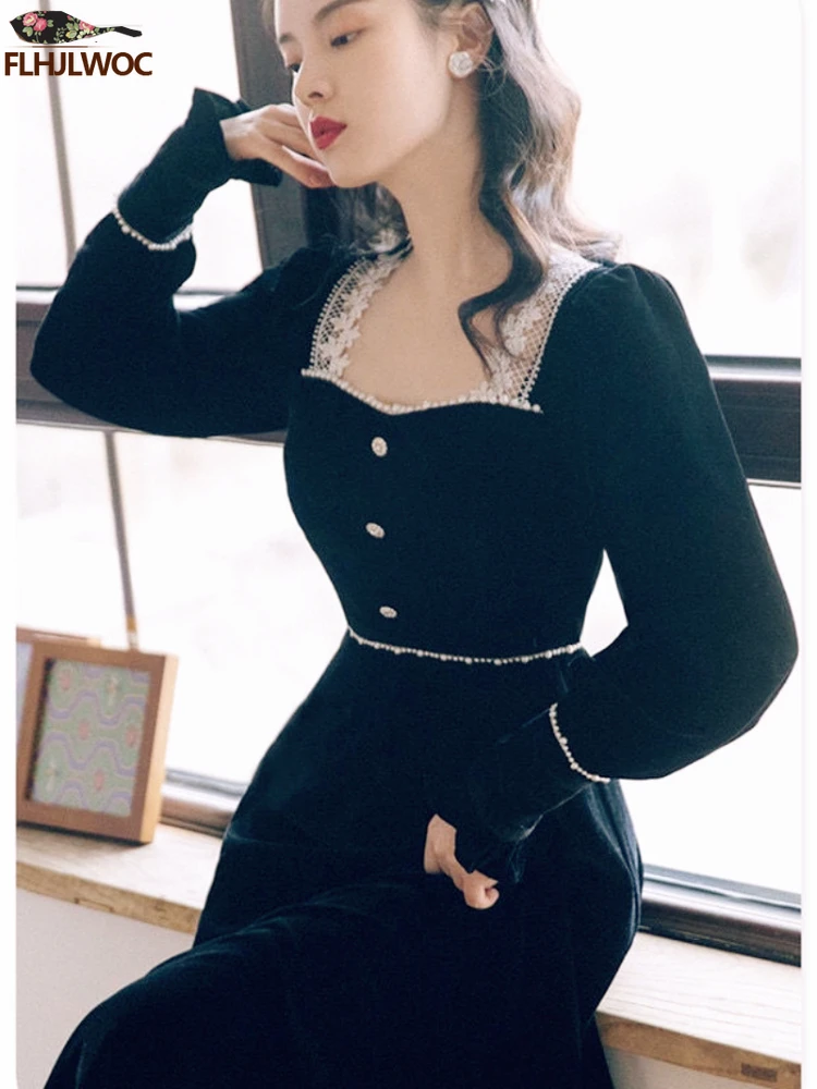 Neujahr Retro Vintage Französisch Design Kleider Frauen elegante jährliche Sitzung schlanke weiße Spitze aushöhlen schwarz Samt Kleid