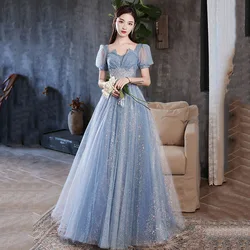 DSP A Line Tulle Prom Dresses Long for Woman Elegant Puffy Sleeves Formal Occasion Dress Prom Party Gown with Appliques