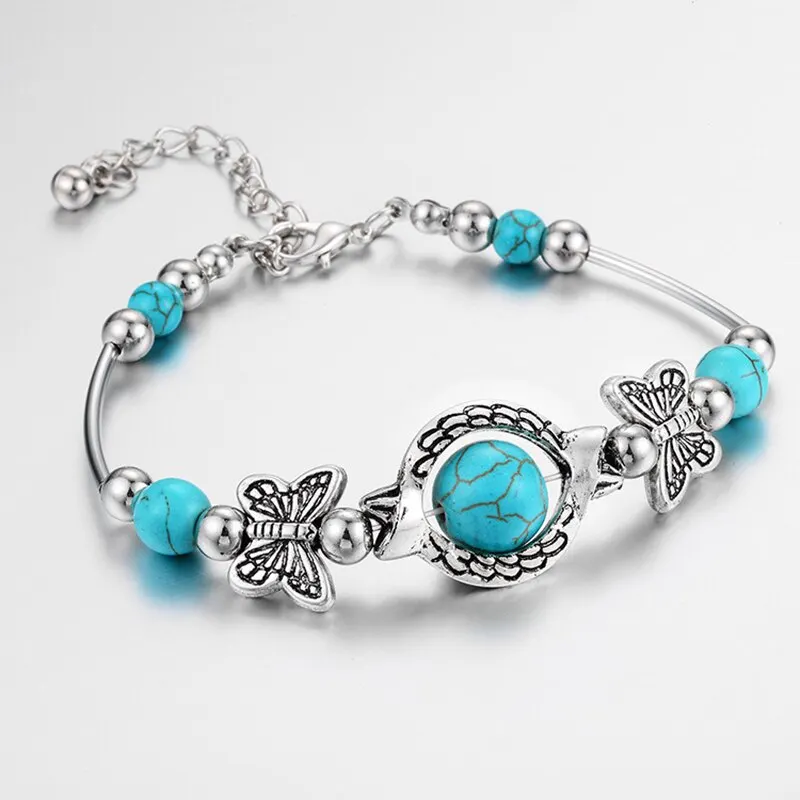 Ethnic Style Bohemian Natural Turquoise Butterfly Round Bead Bracelet for Women Summer Beach Decorative Accessories Jewelry Gift