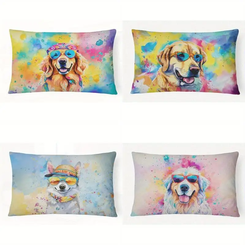 Retro Hippie Golden Retriever Pillow Case Suitable For Sofa Bedroom Car Pillow Cover Cushion Rectangular Back Cushion