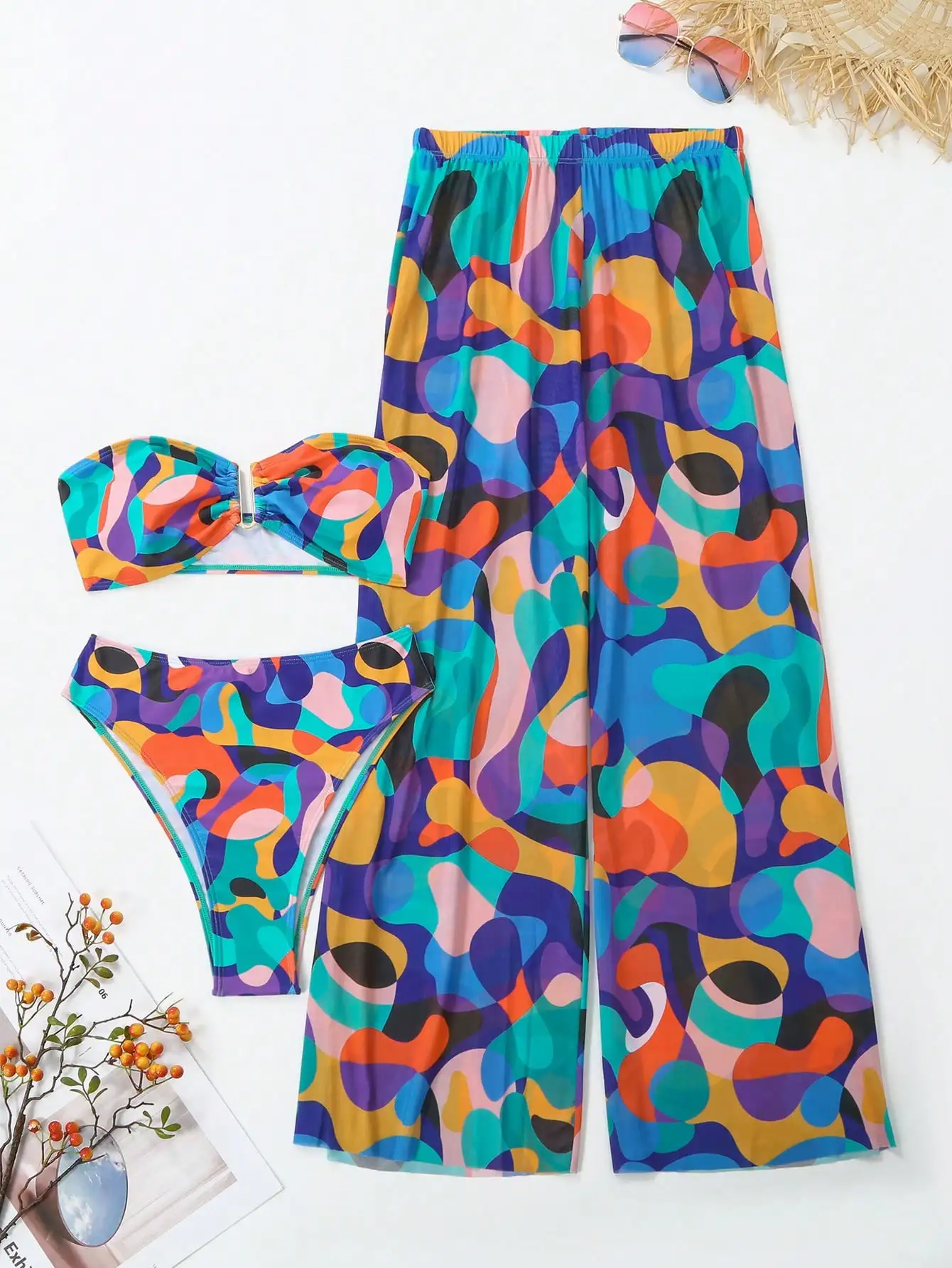 3 Pieces Bandeau Bikinis 2025 & Beach Pants Swimsuit Women Sexy High Waist Swimwear Female Bathers Bathing Swimming Swim Suit